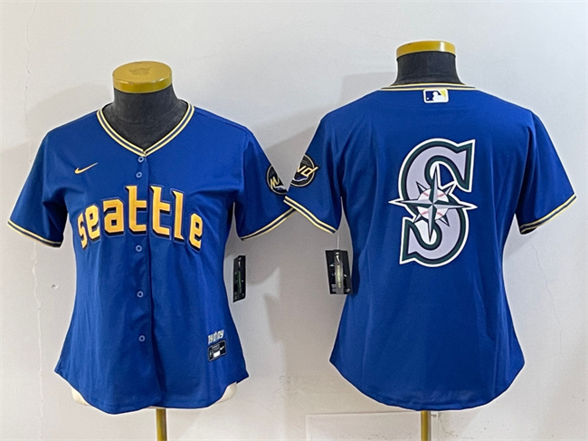 Women's Seattle Mariners Team Big Logo Royal City Connect Stitched Baseball Jersey(Run Small)